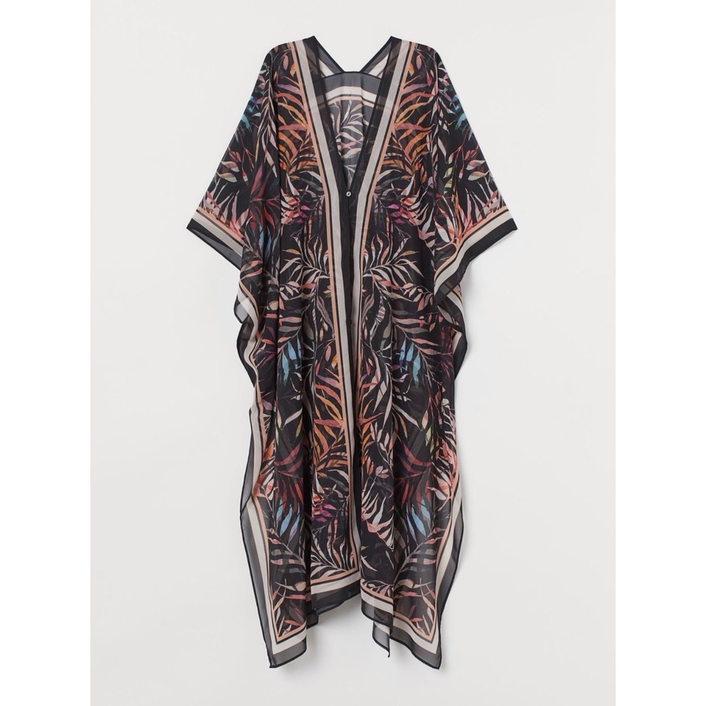 NWT H&M long beach kaftan, black/leaf print, S/M